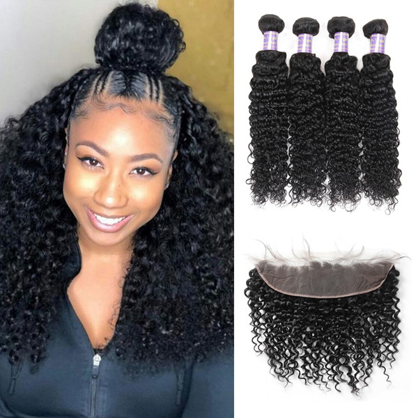 Brazilian Indian Hair Extensions Peruvian Water Wave Human Hair Bundles With Closure 13x4 Lace Frontal Body Wave Loose Deep 4pcs Kinky Curly