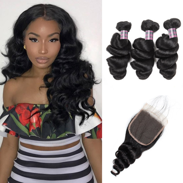 Wholesale Good 8A Brazilian Hair Bundles With Closure 3pcs Virgin Hair Peruvian Indian Hair Extensions Loose Wave 