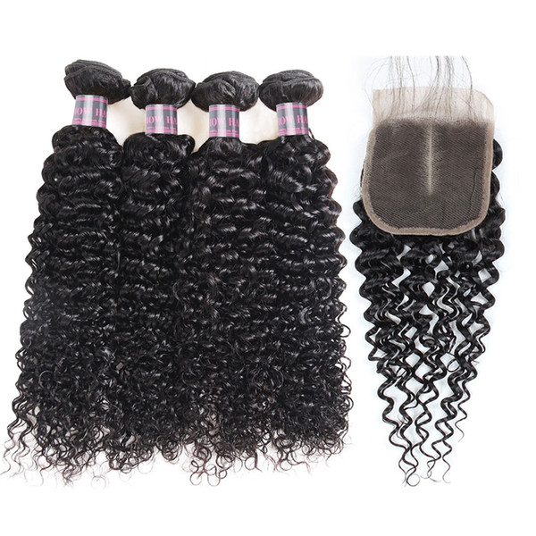 Kinky Curly Human Hair Bundles 4PCS with Lace Closure Malaysian Virgin Hair Wefts Brazilian Hair Extensions With Lace Closure Wholesale