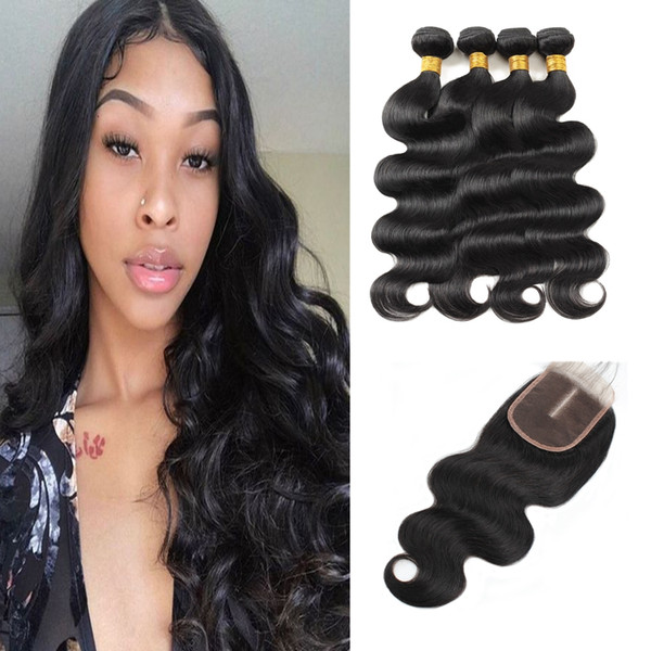 8-28inch Indian Human Hair Bundles with Closure Body Straight Brazilian Hair Wefts Kinky Curly Virgin Hair Extensions Deep Loose Water Wave