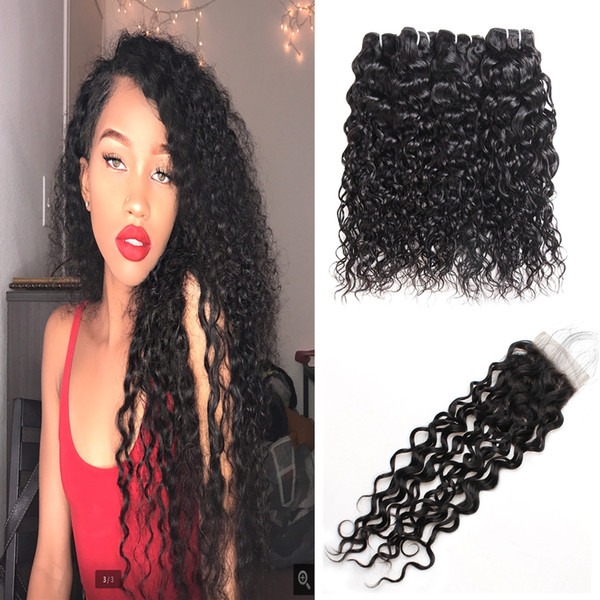 Indian Human Hair Bundles With Closure Water Wave Peruvian Hair Deep Wave Loose Wave Virgin Hair Extensions with 4*4 Lace Closure Deep Curly