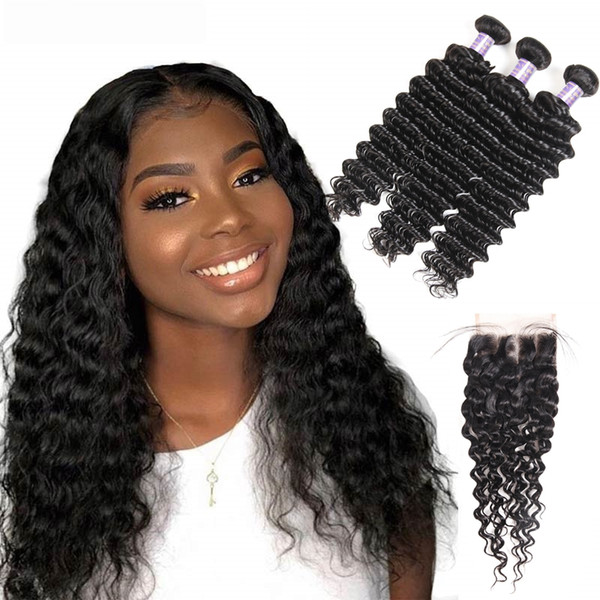 Loose Straight Indian Human Hair Bundles With Closure 4*4 Water Wave Peruvian Hair Deep Wave Malaysian Virgin Hair Extensions Body Wave