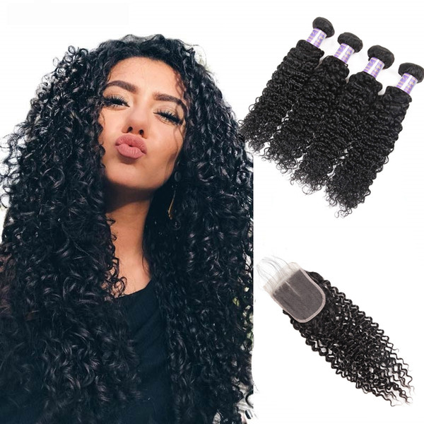 Kinky Curly 4PCS with Lace Closure Peruvian Virgin Hair Wefts Body Wave Brazilian Hair Indian Hair Extensions Loose Deep wave