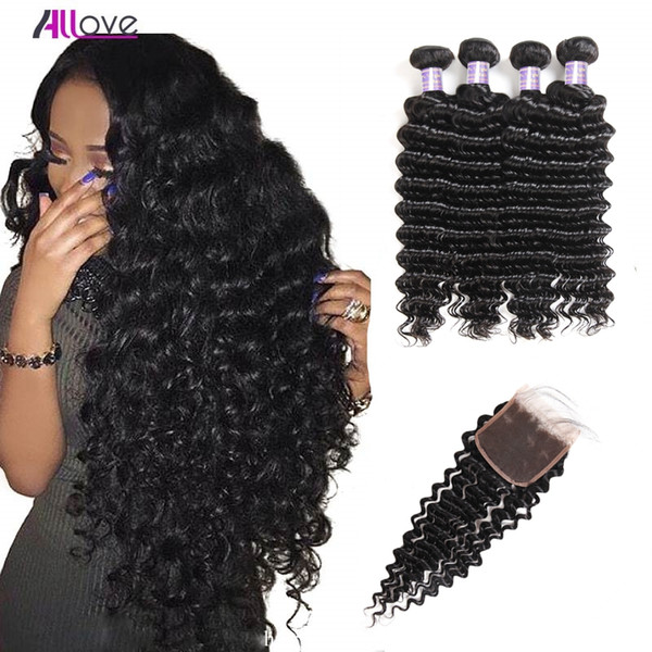 Deep Wave 4PCS with Lace Closure Malaysian Virgin Hair Wefts Body Wave Brazilian Hair Indian Kinky Curly Hair Extensions Deep Loose Wave