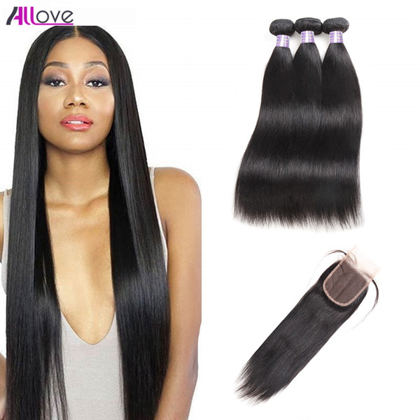 Indian Straight Human Hair Bundles With Closure 4*4 Water Wave 3/4pcs Peruvian Hair Deep Wave Malaysian Virgin Hair Extensions Kinky Curly