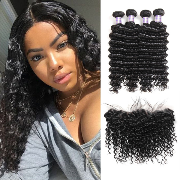 Malaysian Hair Water Wave Human Hair Bundles With Closure 13x4 Lace Frontal Body Wave Loose Deep Wave 4pcs Kinky Curly