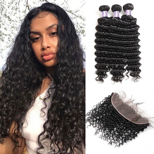 Peruvian Virgin Hair Extensions Brazilian Hair Curly Human Hair Bundles With Closure 3pcs Loose Wave With Lace Frontal Closure Water