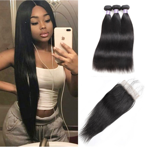 Straight Brazilian Human Hair Bundles With Closure 4*4 Water Wave Peruvian Hair Deep Loose Wave Indian Virgin Hair Extensions Kinky Curly