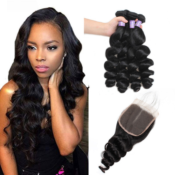 Loose Wave 4PCS with Lace Closure Indian Virgin Hair Wefts Body Wave Brazilian Hair Curly Yaki Straight Hair Extensions Deep Loose Wave