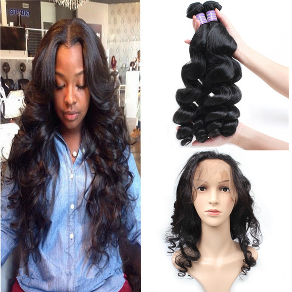 Allove 8A Pre Plucked 360 Lace Frontal Closure With 3Bundles Brazilian Loose Wave Virgin Unprocessed Human Hair Weave With Full Lace Closure