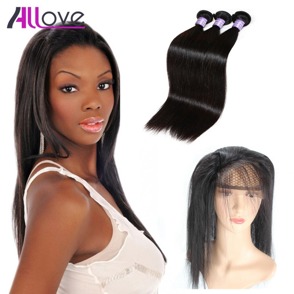 Peruvian Virgin Human Hair Extensions Brazilian Straight Hair Bundles With Closure Pre-Plucked 360 Lace Frontal Closure With Bady Hair