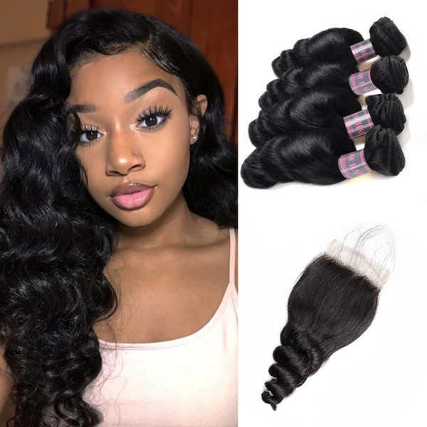 Peruvian Virgin Hair Extensions Loose Wave 4PCS With 4x4 Lace Closure Brazilian Hair Bundles With Closure Wholesale 