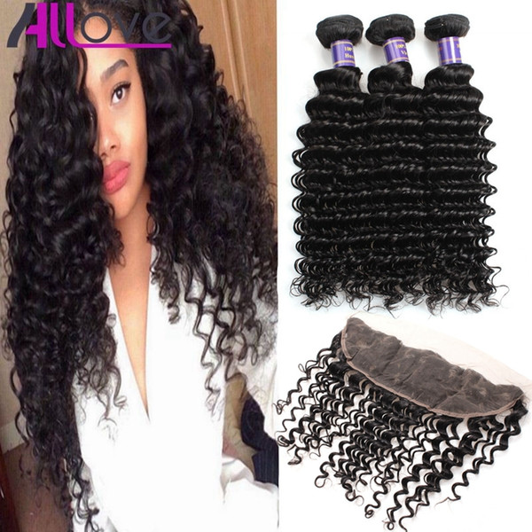 Wholesale Cheap 8A Brazilian Hair Wefts Deep Wave Hair Bundles With Lace Frontal Closure 3Bundles With 13x4 Ear to Ear Lace Frontal Closure