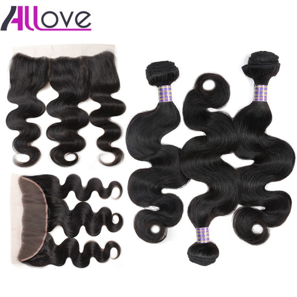 Allove 10A Brazilian Human Hair Extensions with Lace Frontal Closure Body Wave 3Bundles With Closure Peruvian Human Hair Weave Wholesale