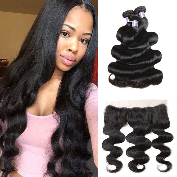 Body Wave Indian Virgin Hair Extensions Kinky Straight Curly Human Hair Bundles With Closure 3pcs Deep Loose Wave With 13*4 Lace Frontal