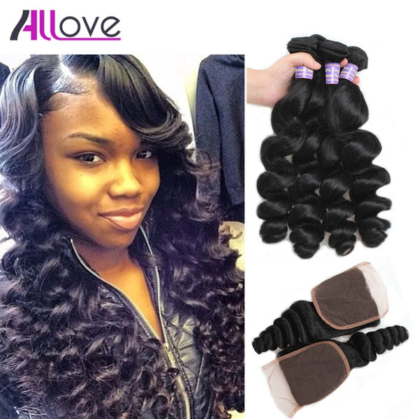 Wholesale Peruvian Hair Brazilian Hair Bundles 4pcs With Closure Loose Wave Deep Wave Brazilian Human Hair Weave Deep Curly Natural Color