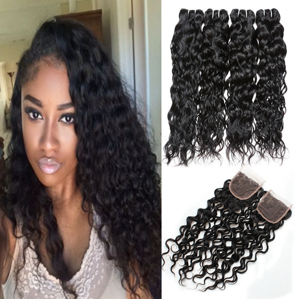 Wholesale 8A Brazilian Human Hair Bundles With Closure 4*4 Water Wave Peruvian Hair 3pcs Loose Wave Virgin Hair Extensions Deep Curly