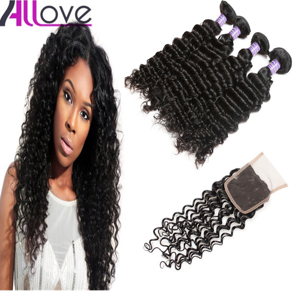 Allove Wholesale 10A Brazilian Human Hair Deep Wave 4bundles with Lace Closure Malaysian Weaves Peruvian Hair Extensions Indian Human Hair