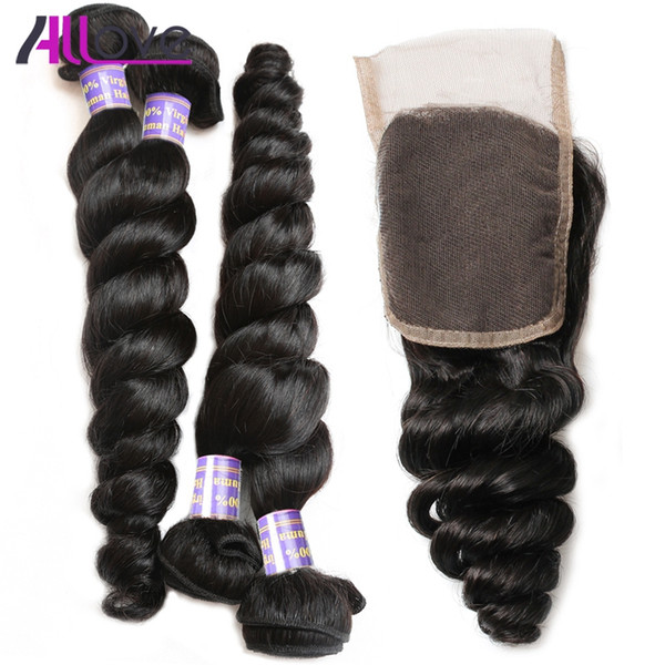 Allove Wholesale 10A Brazilian Human Hair Loose Wave 4bundles with Lace Closure Malaysian Weaves Peruvian Hair Extensions Indian Human Hair