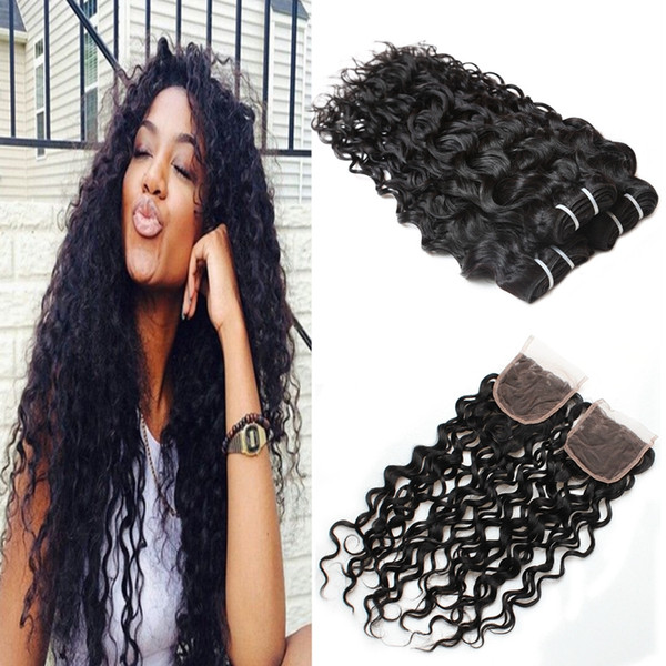 Cheap 8A Brazilian Human Hair Bundles With Lace Closure 4*4 Water Wave Peruvian Hair Deep Wave Loose Wave Virgin Hair Extensions Deep Curly