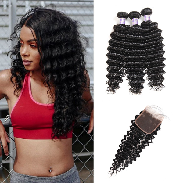 Brazilian Hair Wefts Deep Wave 3pcs with 4*4 Lace Closure Peruvian Human Hair Bundles with Closure Indian Hair Extensions Jet Black