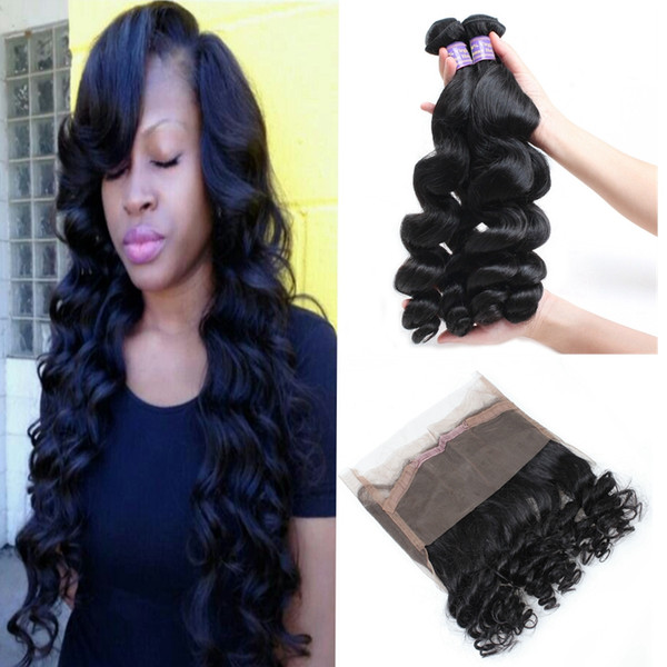 Peruvian Virgin Human Hair Extensions Brazilian Loose Wave Hair Bundles With Closure Pre-Plucked 360 Lace Frontal Closure With Bady Hair