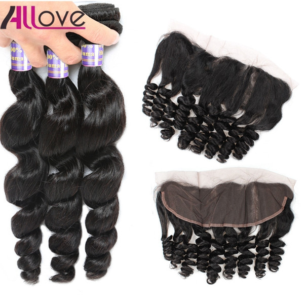 Allove 10A Brazilian Human Hair Extensions with Lace Frontal Closure Loose Wave 3Bundles With Closure Peruvian Human Hair Weave Wholesale