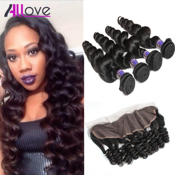 Allove Best 10A Brazilian Hair Bundles With Closure Loose Wave 4Bundles with Lace Frontal Closure Peruvian human hair Extensions Wholesale