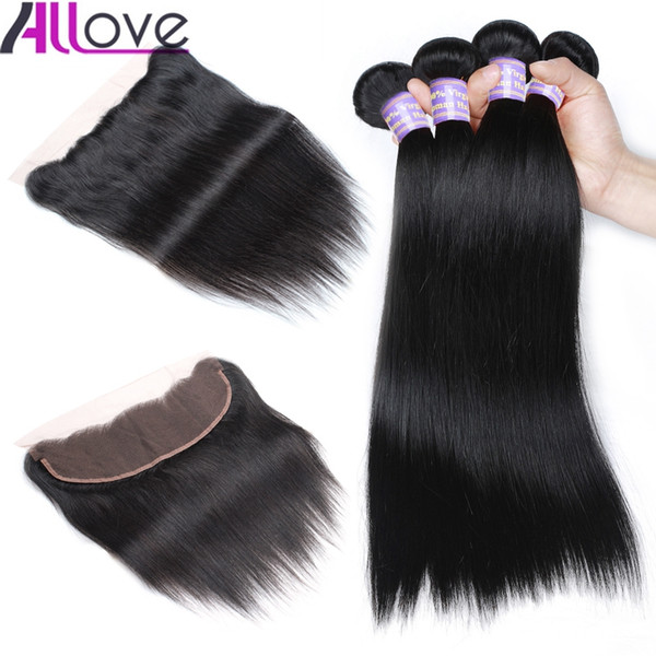 Allove Best 10A Brazilian Hair Bundles With Closure Straight 4Bundles with Lace Frontal Closure Peruvian human hair Extensions Wholesale