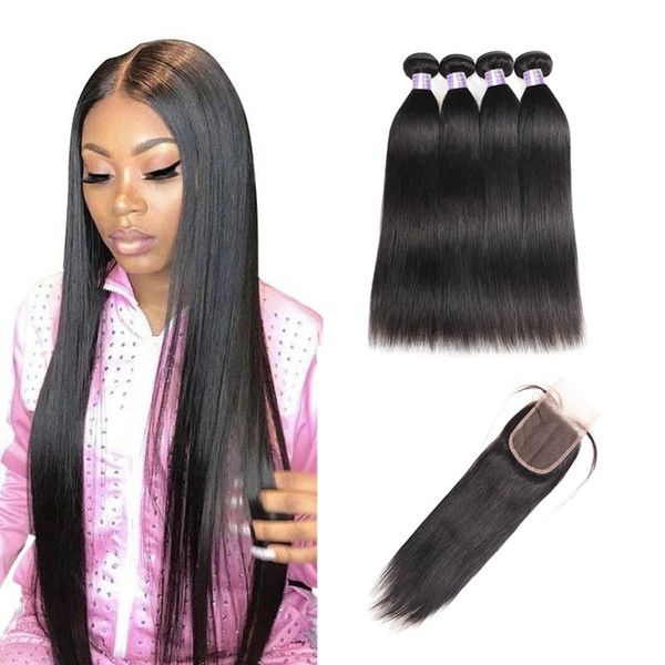 Yaki Straight 4PCS with Lace Closure Malaysian Virgin Hair Wefts Brazilian Hair Indian Kinky Curly Hair Extensions Water Wave