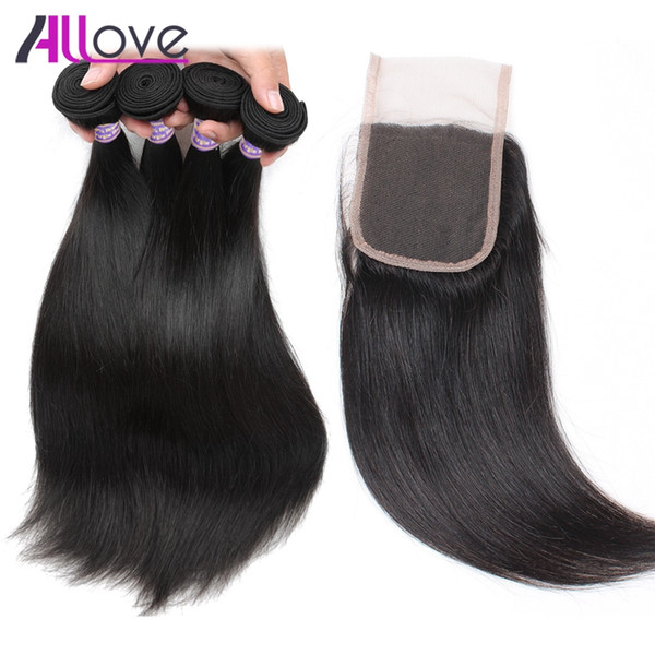 Allove Wholesale 10A Brazilian Human Hair Straight 4bundles with Lace Closure Malaysian Weaves Peruvian Hair Extensions Indian Human Hair