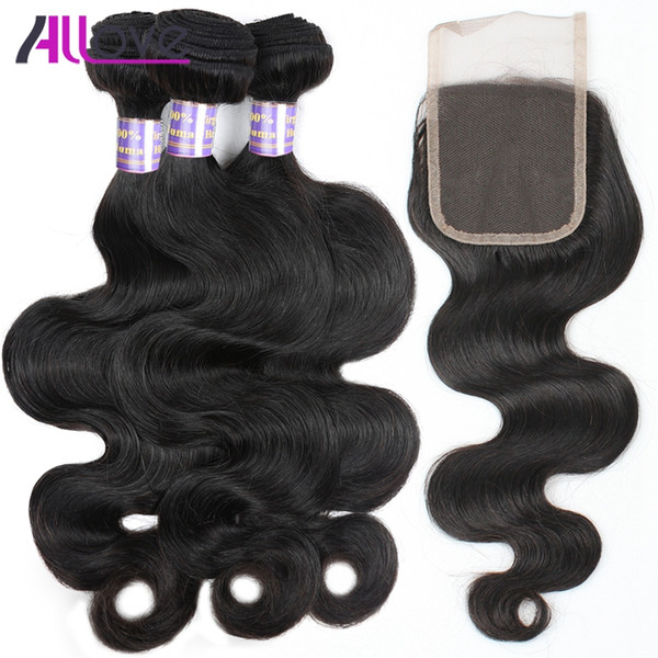 Allove Wholesale 10A Brazilian Human Hair Body Weave 4bundles with Lace Closure Malaysian Weaves Peruvian Hair Extensions Indian Human Hair