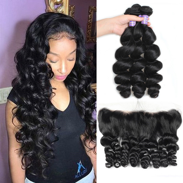 Indian Virgin Hair Extensions Peruvian Hair Curly Human Hair Bundles With Closure 3pcs Loose Wave With Lace Frontal Closure Water Wave