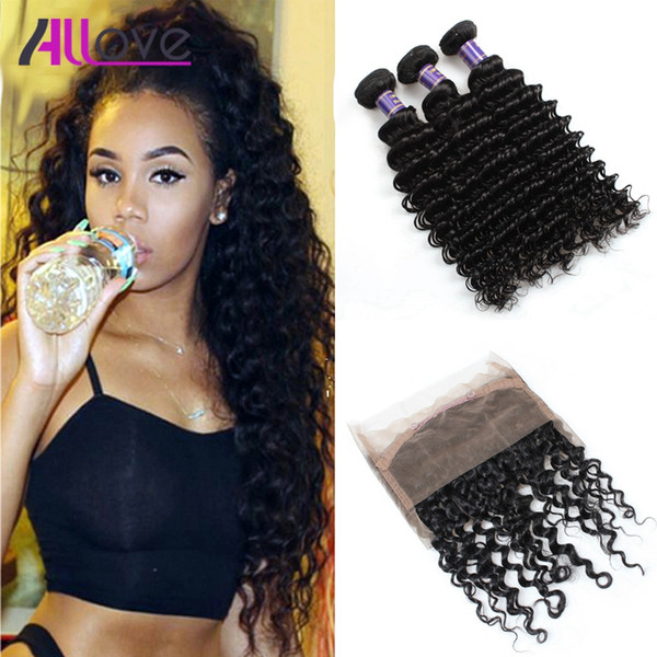 Allove 8A Pre Plucked 360 Lace Frontal Closure With 3Bundles Brazilian Deep Wave Virgin Unprocessed Human Hair Weave With Full Lace Closure