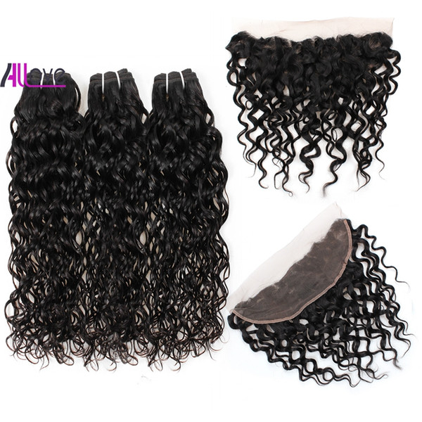 Allove 10A Brazilian Human Hair Extensions with Lace Frontal Closure Water Wave 3Bundles With Closure Peruvian Human Hair Weave Wholesale