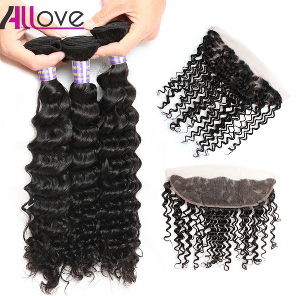 Allove 10A Brazilian Human Hair Extensions with Lace Frontal Closure Deep Wave 3Bundles With Closure Peruvian Human Hair Weave Wholesale