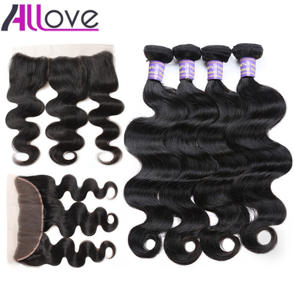 Allove Best 10A Brazilian Hair Bundles With Closure Body Wave 4Bundles with Lace Frontal Closure Peruvian human hair Extensions Wholesale