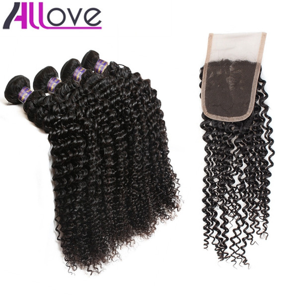 Allove Wholesale 10A Brazilian Human Hair Kinky Curly 4bundles with Lace Closure Malaysian Weaves Peruvian Hair Extensions Indian Human Hair