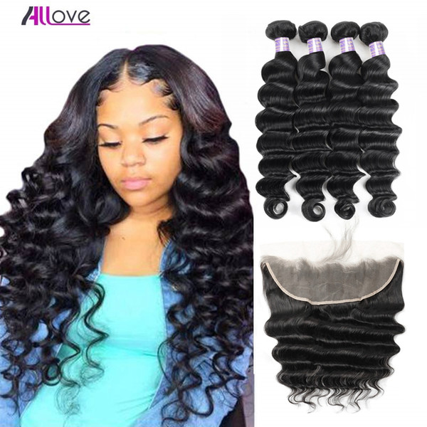 Indian Hair Extensions Peruvian Water Wave Human Hair Bundles With Closure 13x4 Lace Frontal Body Wave Loose Deep Wave 4pcs Kinky Curly