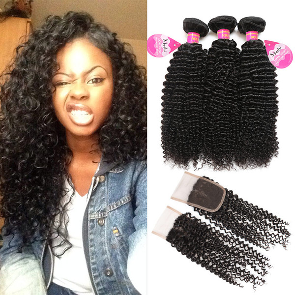 Mink Hair 8A Kinky Curly Hair With Closure Virgin Mink Brazilian Peruvian Indian Malaysian Hair Weave Bundles With Lace Closure Wholesale