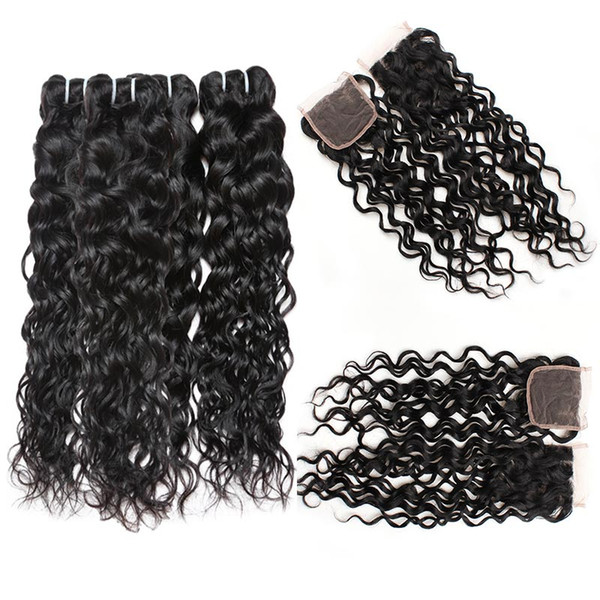 Brazilian Human Hair 4 Bundles with Closure 8A Brazilian Water Wave with 4x4 Lace Closure Wet And Wavy Human Hair Weave