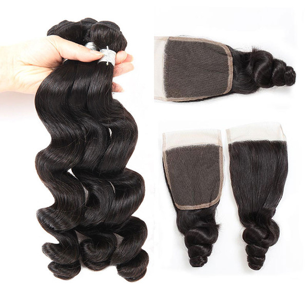 Peruvian Loose Wave Bundles with Closure Unprocessed Brazilian Virgin Loose Deep Wave Bundles with Closure Free Middle 3 Part Human Hair Wea