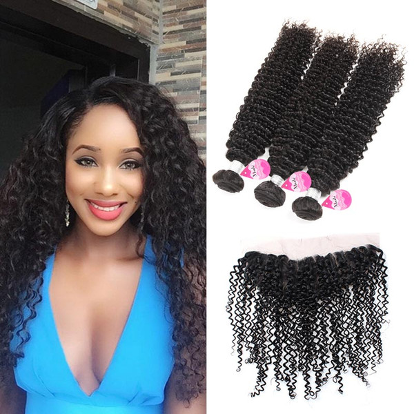 10A Grade Brazilian Virgin Kinky Curly 3 Bundles with Ear to Ear Lace Frontal Closure 13*4 Frontal with Human Hair Weaves Kinky Curly Hair