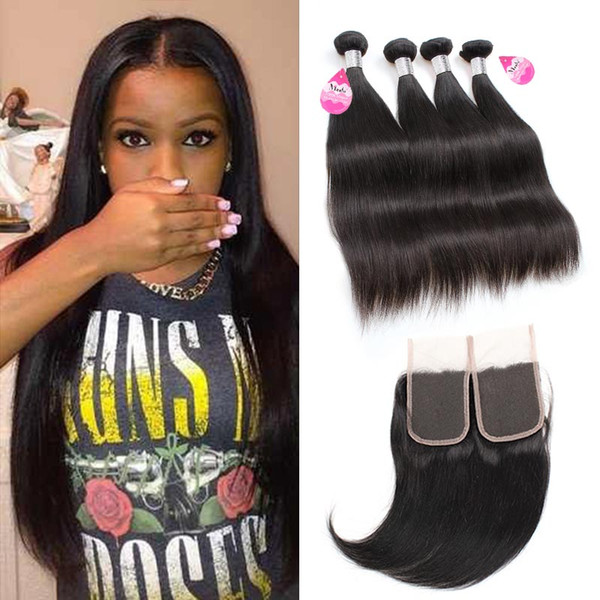 Brazilian Virgin Straight with Closure Unprocessed Brazilian Silky Straight Bundles with 4*4 Free Middle 3 Part Closure Double Weft Dyeable