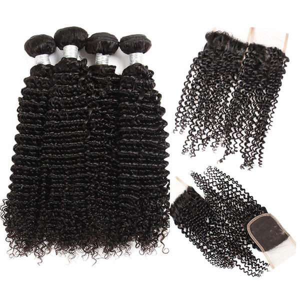 Peruvian Curly Human Hair Bundles with Closure 100% Unprocessed Peruvian Deep Curly Human Hair Weave 4*4 Free Middle 3 Part Closure