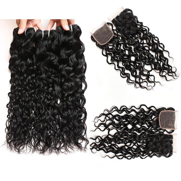 Wholesale Brazilian Water Wave Bundles with Closure 8A Brazilian Water Wave Wet and Wavy Human Hair Weave Weft Extensions 4pcs lot