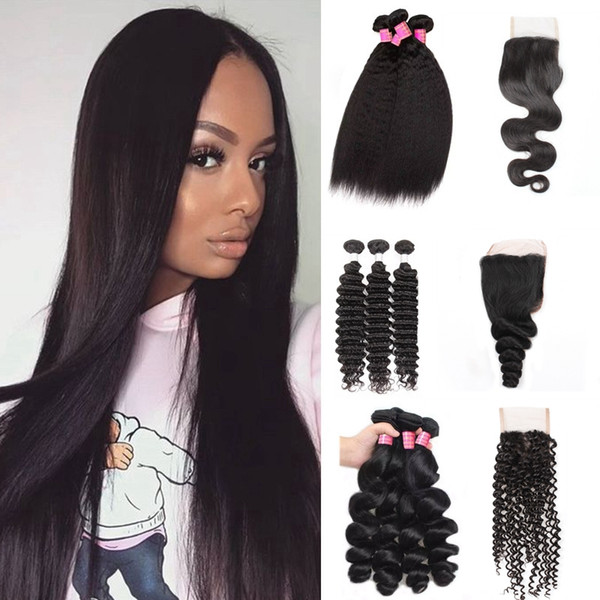 Indian Virgin Hair Extensions Straight Brazilian Hair Kinky Curly Human Hair Bundles With Closure 3pc Loose Wave Body Wave Water Deep Wave