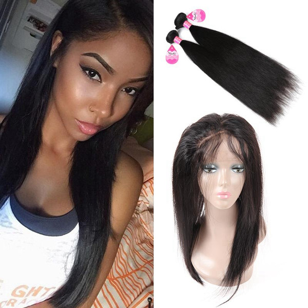 Brazilian Human Hair Bundles with Closure Straight Hair 360 Lace Frontal with 2 Bundles 100% Unprocessed Virgin Human Hair Extensions