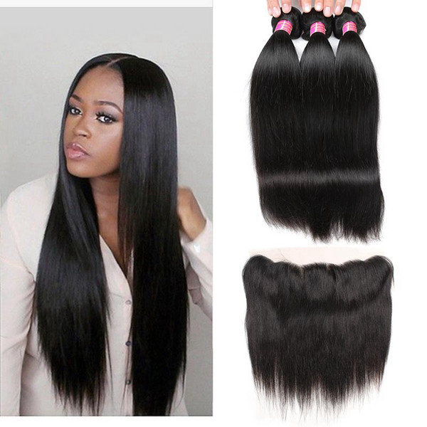 Brazilian Straight Virgin Human Hair with 13 X 4 Lace Frontal 8A Grade 100% Unprocessed Silky Straight Bundles with Lace Frontal Closure