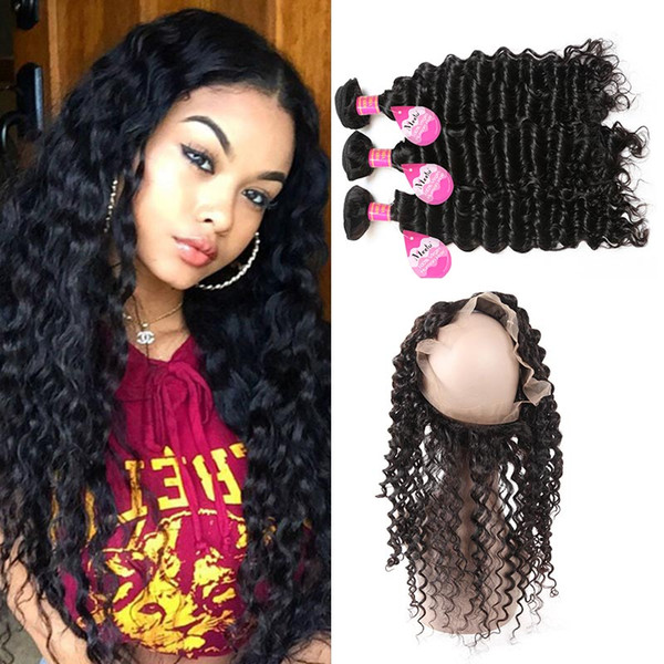 360 Deep Wave Lace Frontal with Bundles 8A Brazilian Virgin Hair Peruvian Malaysian Indian Human Hair Deep Wave Hair Extensions Wholesale